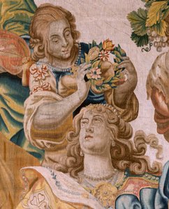 Flanderin kuvakudos. Sarjan tarina Theseuksesta. Bacchus ottaa Ariadnen vaimokseen (Baco toma a Ariadna por esposa). Sarjan yhdeksäs kuvakudos. Malli Anthonis Sallaert. Valmistus: Jan Raes the Younger, Bryssel. noin 1630.; Kangas Silkki ja villa. Koko 392x