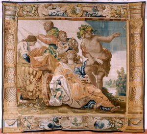 Flanderin kuvakudos. Sarjan tarina Theseuksesta. Bacchus ottaa Ariadnen vaimokseen (Baco toma a Ariadna por esposa). Sarjan yhdeksäs kuvakudos. Malli Anthonis Sallaert. Valmistus Jan Raes the Younger, Bryssel. noin 1630.; Kangas Silkki ja villa. Koko 392x4