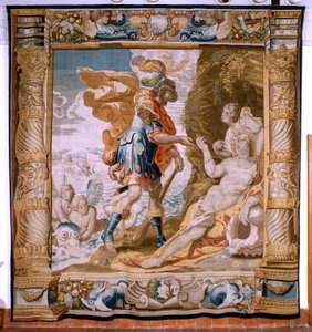 Flanderin kuvakudos. Sarjan tarina Theseuksesta. Theseus saa Minoksen sormuksen Amphitritelta (Teseo recibe de Anfítrite la sortija de Minos). Sarjan viides kuvakudos. Malli Anthonis Sallaert. Valmistus: Jan Raes the Younger, Bryssel. Noin 1630. Kangas sil