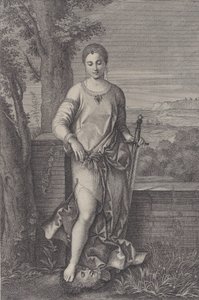 Judith seisoo jalkansa Holofernesin päässä, n. 1729. tekijältä Antoinette Larcher