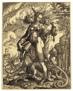 Heresian jumaluus, allegorinen hahmo, joka on kuvattu aasinkorvaisen naisen muodossa, jolla on kädessään kirja, jonka sivut ovat repeytyneet ja jonka jalkojen välissä on hirviömäinen olento. Anton Eisenhoutin (1554-1603) satiirinen vastareformistinen vedos tekijältä Anton Eisenhout