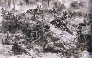 Württemberg King Grenadiers murtautumassa vihollisten sijoituksiin Argonnesissa, The Illustrated History of the World War 1914-1915 -pubista. kirjoittanut Union Berlagsefellfchaft tekijältä Anton Hoffman
