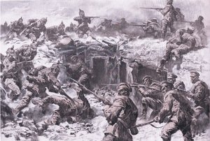 Moskovan Grenadier Corpsin tappio Sleesian, Preussin ja keisarillisen Saksan joukkojen toimesta, Pubista The Illustrated History of the World War 1914-1915. kirjoittanut Union Berlagsefellfchaft tekijältä Anton Hoffman