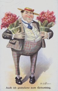 Syntymäpäiväonnittelukortti, joka kuvaa miestä kantamassa kukkakimppuja (chromolitho) tekijältä Anton Hoffmann