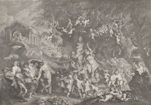 Venuksen juhla, jossa satyyri-, nymfi- ja puttiryhmät tanssivat Ve...-patsaan ympärillä, 1732.