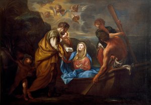Lento Egyptiin Pyhä perhe astuu veneeseen. Anton Maria Piolan (1654-1715) maalaus Collezione Banca Carige Genes tekijältä Anton Maria Piola