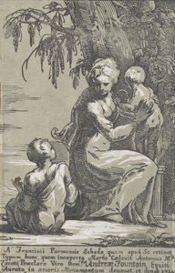 Nainen seisoo puun juurella pitelemässä vauvaa istuvan pojan kanssa, 1724.
