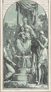 Neitsyt ja lapsi istuivat valtaistuimella, Saint Jerome alhaalla oikealla, Saint Francis..., ennen vuotta 1749. tekijältä Anton Maria Zanetti