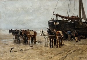 Hollanti: Bomschuit ja hinaushevoset Scheveningenin rannalla Kalastusvene ja hinaushevoset Scheveningenin rannalla tekijältä Anton Mauve