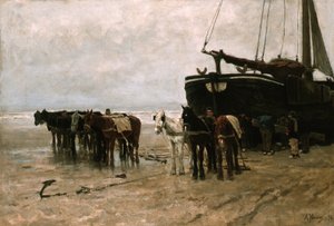 Hollanti: Bomschuit ja hinaushevoset Scheveningenin rannalla Kalastusvene ja hinaushevoset Scheveningenin rannalla tekijältä Anton Mauve