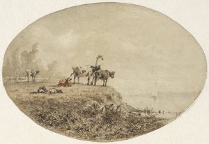 Lehmiä veden äärellä, kaukaa purjelaiva tekijältä Anton Mauve
