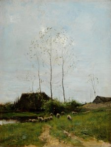 Maisema paimenen ja lampaiden kanssa (öljy kankaalle)