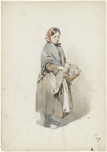 Seisova nainen huivi ja kori tekijältä Anton Mauve
