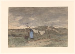 Nainen pesulinjalla dyynillä tekijältä Anton Mauve