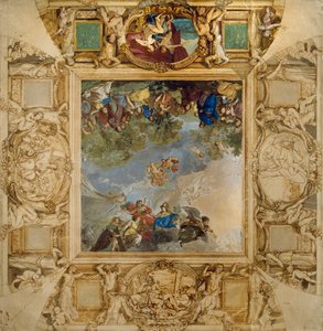 Apollo ja Athena palkitsemassa Talentteja ja Minervaa, joita reunustavat karyatidit ja Marsia, Venusta, Herkulesta ja Cybelettä esittävät medaljongit, Anton Raphael Mengsin teos tekijältä Anton Raphael Mengs