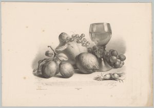 Asetelma lasilla, luumuilla, sitruunalla, viinirypäleillä ja hasselpähkinöillä Flower and Fruit Studies (...) 10. jakso (sarjan nimi) tekijältä Anton Weiss