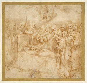 The Dormition of the Virgin (kynä ja ruskea muste ruskealla pesulla valkoisella paperilla) tekijältä Antonello Gaggini