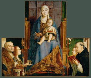 Pyhä Maria ja lapsi sekä pyhimykset Nikolai Barilainen, Anastasia, Ursula, Dominicus ja Helena. tekijältä Antonello da Messina