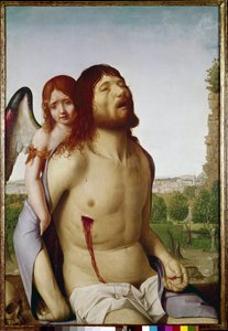 Kuollut Kristus enkelin tukemana. (öljy paneelissa tekijältä Antonello da Messina