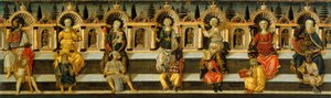 Seitsemän hyvettä - Antonfrancescon (Anton Francesco) Guidin teos, nimeltään Scheggia (1441-1476), tempera puulla (49,8x159,3 cm), noin 1467-1469 - Seitsemän hyvettä, Antonfrancescon (Anton Francescon) tempera paneelissa Guidi nimeltä Scheggia, noin 1467-1 tekijältä Antonfrancesco dello Scheggia