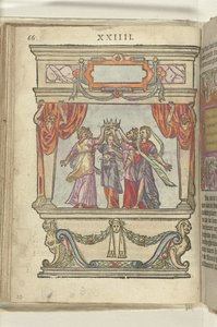 Vaihe, jossa kunnian, majesteetin, anteliaisuuden, loiston ja vaatimattomuuden persoonallisuuksilla on yhdessä kruunu, 1578