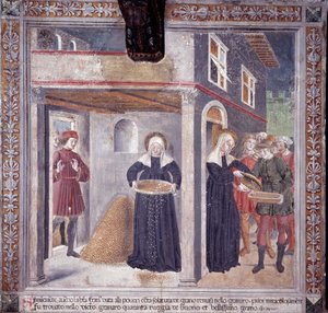 Pyhän Francesca Romanan elämä: vakavan nälänhädän aikana vuonna 1402 Francesca antaa kaiken viljansa köyhille (Fresco tekijältä Antoniazzo Romano