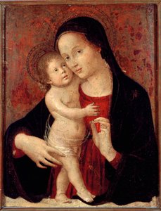 Antonio Aquili dit Antoniazzo Romanon neitsyt ja lapsi maalaus puulle (toimii noin 1461-1508) su. 46x37 Genes, Galleria di Palazzo Bianco tekijältä Antoniazzo Romano