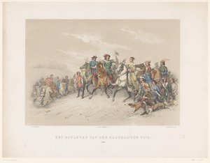 Utrechtin naamiaiset 1851: Hovielämää vuonna 1296 Kreivin ajan hovielämää. 1296 (otsikko esineessä) Kansallinen historia. varhaisimmista ajoista 1600-luvun loppuun, kahdeksassa kohtauksessa, H.H. Dtudente tekijältä Antonie Johannes Groeneveldt