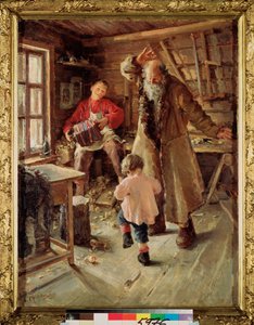 Iloinen hetki (Puvespajassa poika soittaa harmonikkaa saadakseen pienen tytön ja vanhan miehen tanssimaan) - Iloinen hetki - Antonina Leonardovna Rževskajan (1861-1934) maalaus, öljy kankaalle tekijältä Antonina Leonardov Rzhevskaya