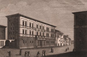 Näkymä piispanpalatsista Pistoiassa, Toscanassa, Italiassa, Antonio Morghenin (1788-1853) kuparikaiverrus, noin 13x9,5 cm tekijältä Antonio (1788 1853) Morghen