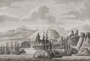 Hollannin laivasto Malagan edustalla Espanjassa 1784 tulistusta. (Tulosta) tekijältä Antonio (after) Suntach