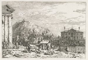 Näkymät: Kaupunki joen takana, 1735-1746. tekijältä Giovanni Antonio Canal