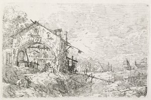 Näkymät: Nainen piirtää vettä kaaren alta, 1735-1746. tekijältä Giovanni Antonio Canal