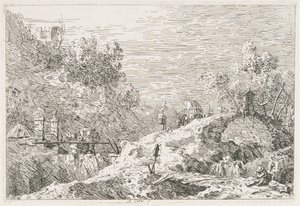 Näkymät: Vuoristomaisema ja viisi siltaa tekijältä Antonio Canaletto