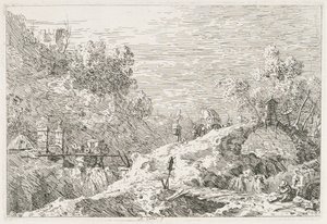 Näkymät: Vuoristomaisema ja viisi siltaa, 1735-1746. tekijältä Giovanni Antonio Canal