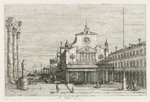 Näkymät: Kolme pylvästä ja patsas meren rannikolla tekijältä Antonio Canaletto