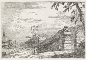 Näkymät: Two Ruined Pillars, 1735-1746. tekijältä Giovanni Antonio Canal