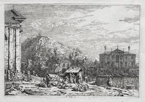 Näkymät Venetsiaan ja sen ympäristöön: Kaupunki joen takana, 1700-luku. tekijältä Giovanni Antonio Canal