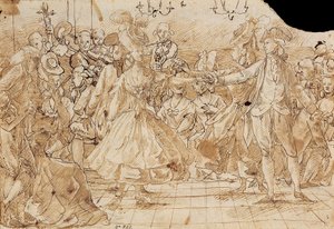 ""Minuetti"" - Antonio Casanovas Torrentsin (1752-1796) teos Menuettikynä, ruskea intialainen muste paperilla c. 1780 Katalonian kansallinen taidemuseo, Barcelona 20,9x30 tekijältä Antonio Casanovas i Torrents