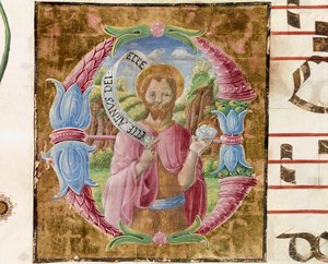 Pyhän Johannes Kastajan Lettrine valaisi Antonio Cicognari. Antifonian yksityiskohta. 1483. Cremone, kuoro 4, katedraalin luku tekijältä Antonio Cicognara