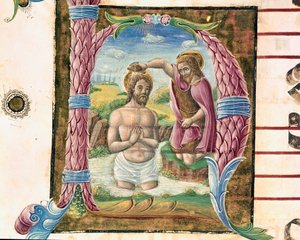 Antonio Cicognarin valaisema Lettrine Kristuksen kaste. Antifonian yksityiskohta. 1483. Cremone, kuoro 4, tuomiokirkkokapituli