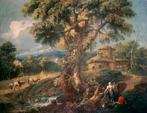 Vuoristomaisema ihmisiä ja joki, Antonio Diziani (1738-1797), öljy kankaalle, 55x72 cm