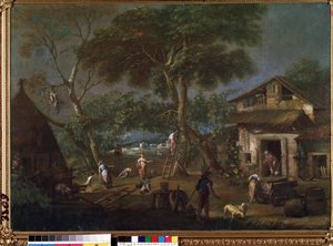 ""Italian maisema"" (italialainen maisema) Maalaistalo Italian maaseudulla. Antonio Dizianin (1737-1797) maalaus Mikalojus Konstantinas Ciurlionisin taidemuseo, Kaunas, Liettua