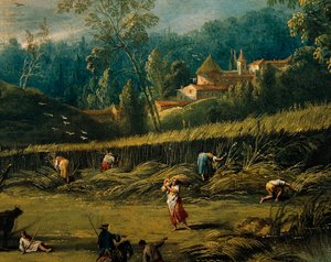 Sadonkorjuu, yksityiskohta kesästä, Antonio Diziani (1737-1797), maalaus.