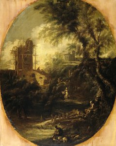 Maisema erakon, pyhiinvaeltajan ja talonpojan kanssa tekijältä Antonio Francesco Peruzzini (attributed to)