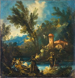 Metsäinen jokimaisema, jossa on hahmoja tekijältä Antonio Francesco Peruzzini