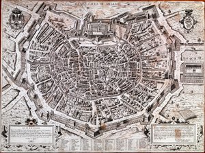 Milanon kaupunkikartta, jonka toimitti Antonio Lafreri (Lafrery tai Lanfrerius) (1512-1577) vuonna 1573. Tämä on kaupungin vanhin kartta. Milano, Milanon museo - Milanon kartta. Kaupungin vanhin kartta vuodelta 1573, toimittanut Antonio Lafreri. Italia, Mi