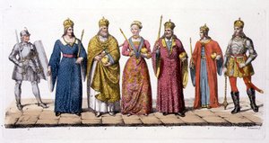 Unkarin johtajat ja kuninkaat, Jules Ferrarion "Le Costume Ancien et Moderne", julkaistu noin 1820-30-luvulla (värilitho) tekijältä Antonio Lanzani