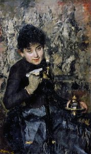 Nainen mustepullolla, noin 1875, Antonio Mancini (1852-1930), öljy kankaalle
