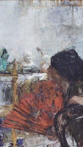 Nainen punaisen tuulettimen kanssa tekijältä Antonio Mancini